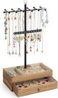 Meangood Jewelry Organizer Stand, 3-Tier Necklace Holder Jewelry Tree with Wooden Storage Drawer Box for Necklace Bracelet Earring Ring, Carbonized Black
