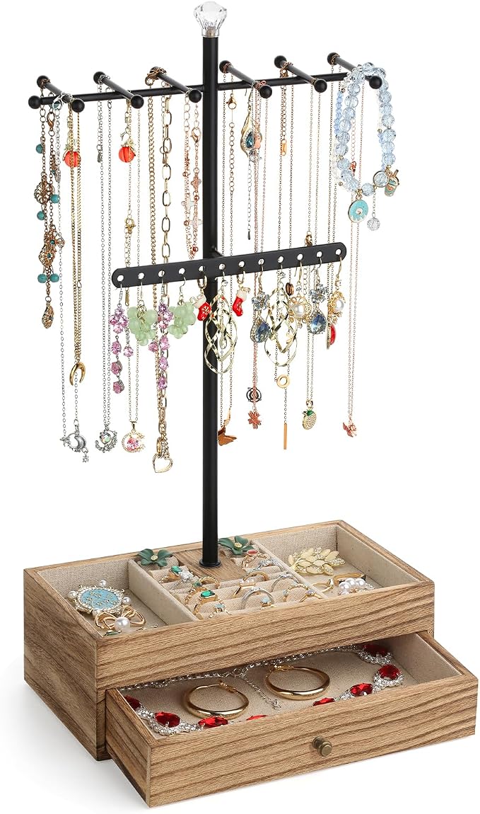 Meangood Jewelry Organizer Stand, 3-Tier Necklace Holder Jewelry Tree with Wooden Storage Drawer Box for Necklace Bracelet Earring Ring, Carbonized Black