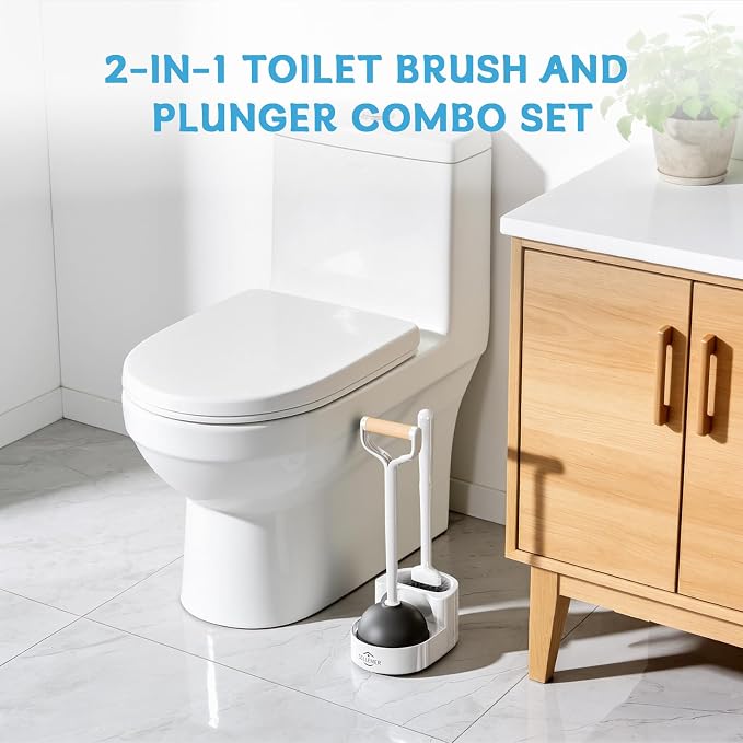 Sellemer Toilet Brush and Plunger Set, Curved Head for Deep Cleaning, White | Brush and Plunger set, Curved Nylon Bristles for Deep Clean, Strong Suction Plunger, Ventilated Holder for Quickly Air Dry