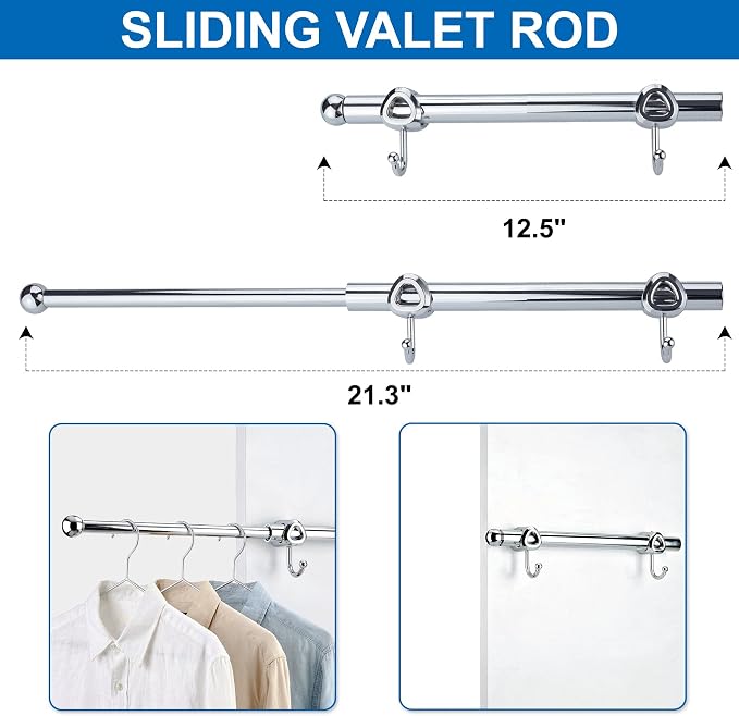 Valet Rod for Closet Pull Out with Hooks, Easy To Install (Chrome, 12 Inch)