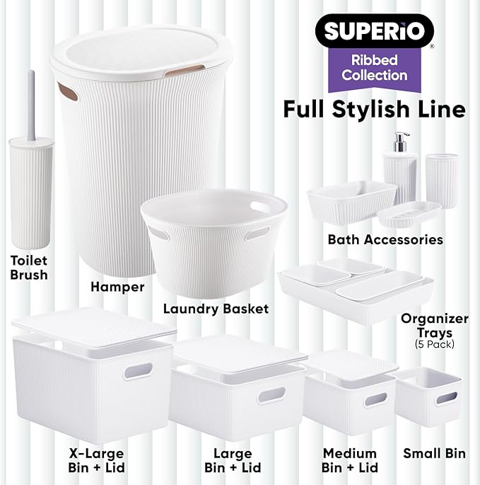 Superio Ribbed Collection - Decorative Plastic Basket Open Home Storage Bins Organizer, Large White (6 Pack) Container Boxes for Organizing Closet Storage Bins for Shelves 15 Liter/16 Quart