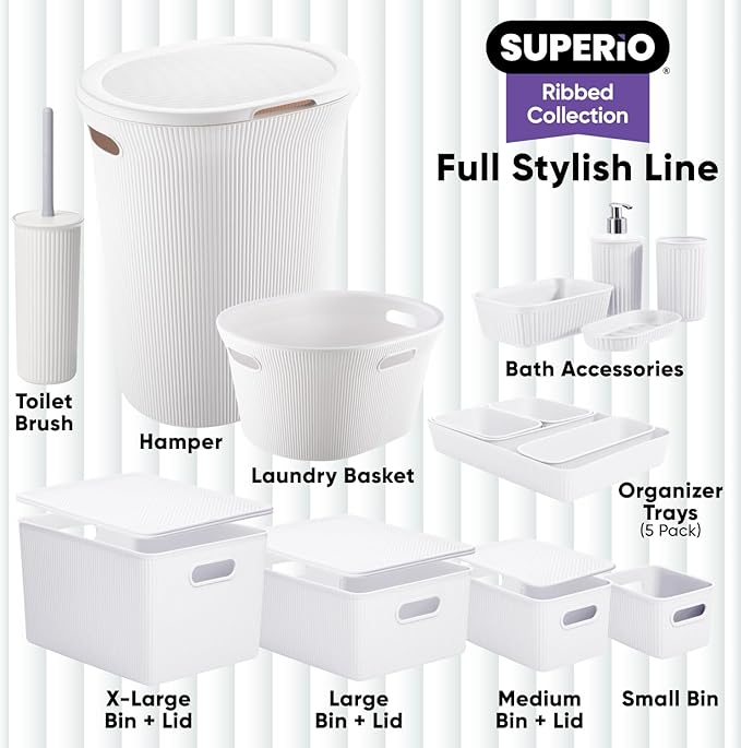Superio Ribbed Collection - Decorative Plastic Basket Open Home Storage Bins Organizer, Medium White (1 Pack) Container Boxes for Organizing Closet Storage Bins for Shelves Drawer Shelf 5 Liter