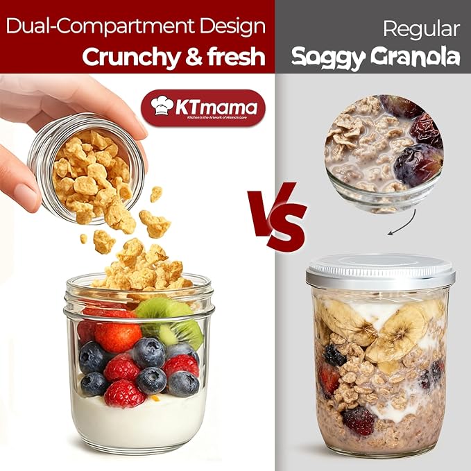8+4 oz Glass Parfait Cups with Lids 4 Pack Yogurt Container Reusable | Dry Wet Separation, Overnight Oats Containers,Chia Pudding,Nuts, Fruit,Granola Toppings,Meal Prep Jars
