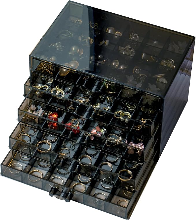 SPAKOWN Earring Organizer Acrylic Jewelry Holder Organizer with 5 Drawers | Stackable Earring Storage Case Jewelry Boxes for Women (Gray)