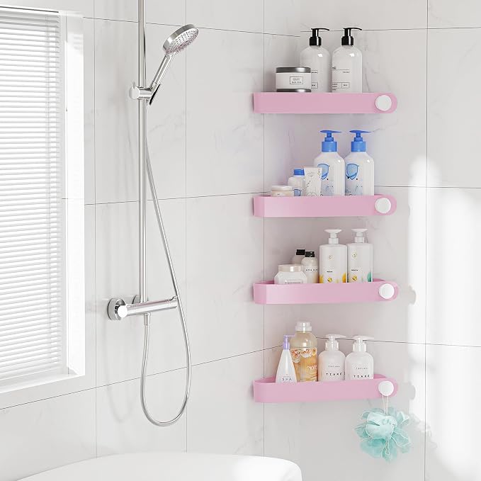 Sotfamily Plastic Shower Caddy Corner (for 90° Only), 4 Pack, Pink | Adhesive Corner Shower Shelves for Bathroom Organizers and Storage, Bathroom Decor, No Drill, Rust Free