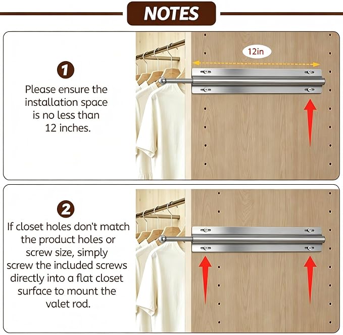 12 Inch Valet Rod for Closet Pull Out, Clothing Organizer (Silver, 1 Pack) | Stainless Steel, Holds Up to 30 Lbs, Resistant to Deformation, Fading & Rust, Easy to Install, Hidden and Space-Saving