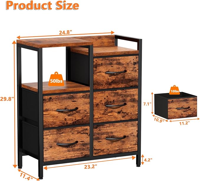 Furnulem Rustic Brown Dressers for Bedroom, 5 Drawer Dresser for Closet | Small Fabric Dresser with 2 Tier Shelf, Drawer Units with Sturdy Metal Frame, Storage Cabinet Organizer for Hallway, Wood Top