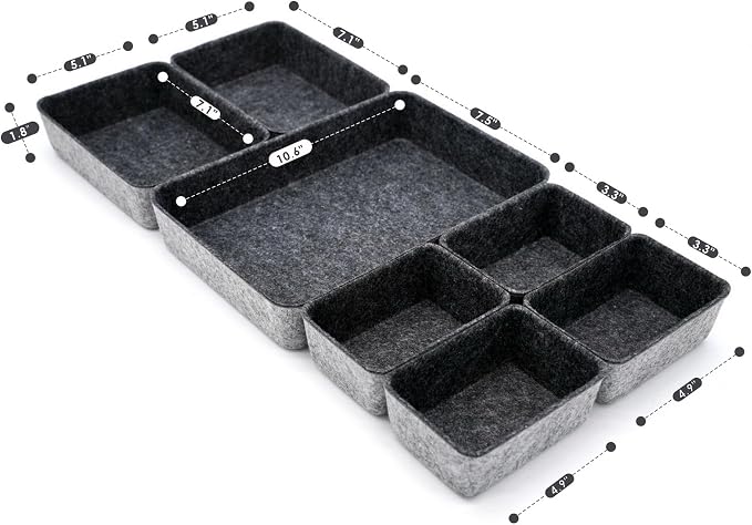Welaxy 7pc Shallow Felt Desk Drawer Organizers Trays Charcoal Storage Bins