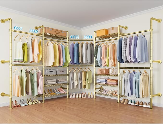 Timate L5 Expandable Wall Mounted Clothes Rack for Corner, L Shape Heavy Duty Industrial Pipe Clothing Rack with 8 Adjustable Shelves & 4 Hanger Rods, Closet System for Hanging Clothes, Gold