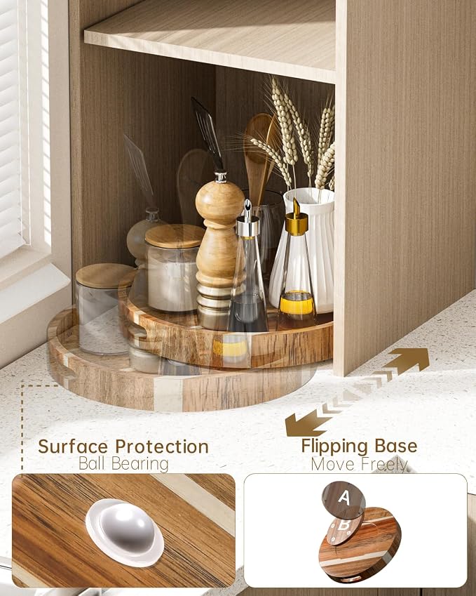 12" Acacia Wood Lazy Susan Turntable Organizer, Double Handle Cabinet Organizer with High Rim，Round Wooden Lazy Susan for Table Top Cabinet Pantry Countertop Cupboard Organization