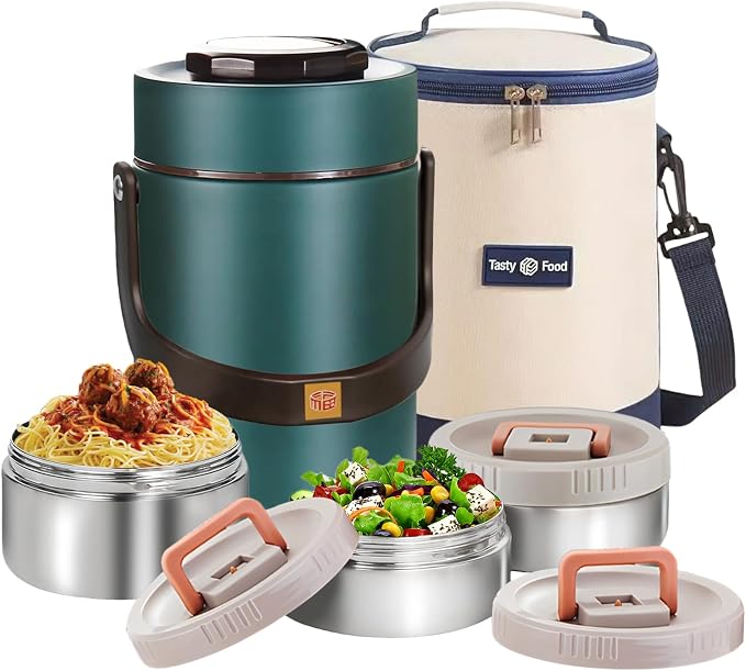 67 oz Adults Stainless Steel Vacuum Insulated Wide Mouth Soup Food Thermo Hot Food Jar with Keep Thermal Portable 3 Tier Stackable Bento Hot Food Containers Lunch Boxes (67 oz Green)