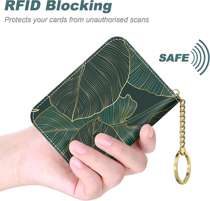 Nipichsha Credit Card Holder, Small RFID Card Wallet for Women, Slim Leather Card Holder Wallet, Credit Card Wallet Organizer, Pocket Business Card Case with Zipper & Keychain, Tropical Leaf