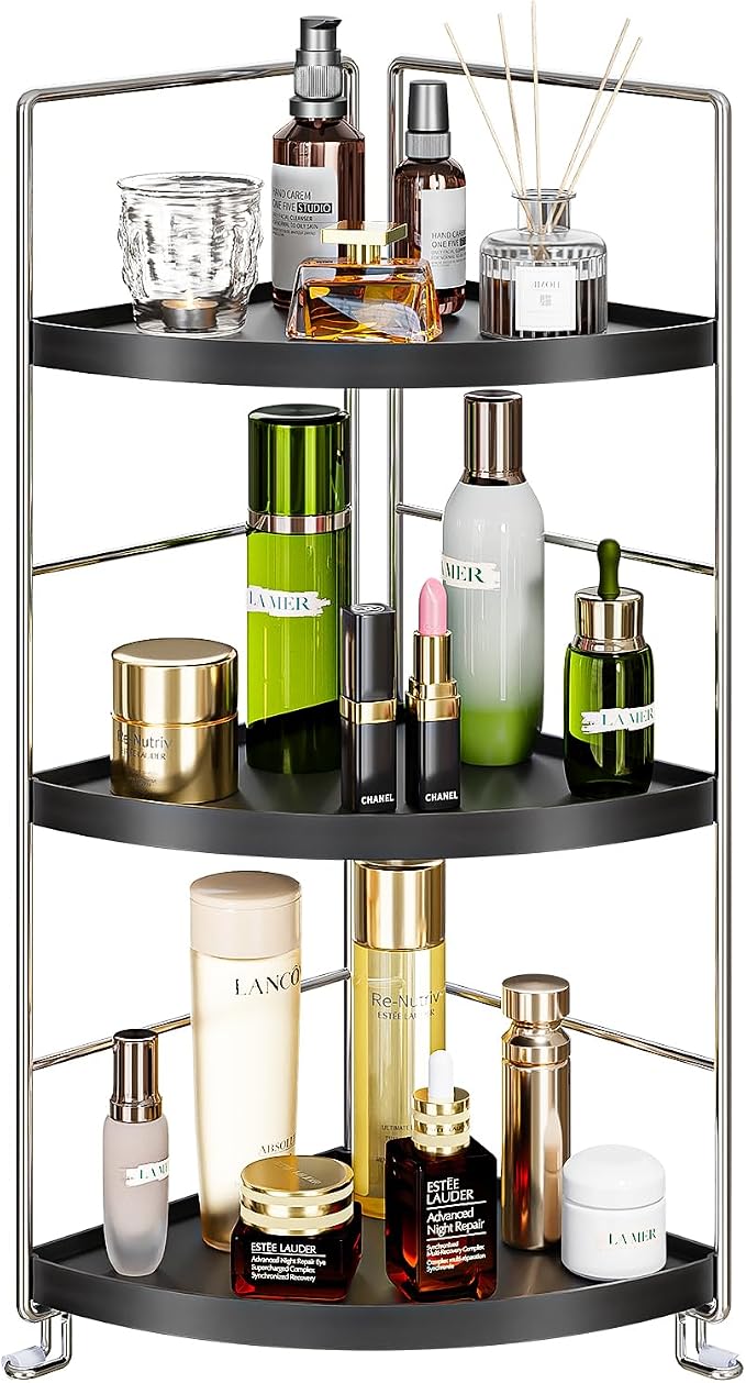 3 Tier Bathroom Corner Organizer Countertop, Vanity Counter Skincare Makeup Storage Shelf, Bathroom Sink Countertop Organizer, Black