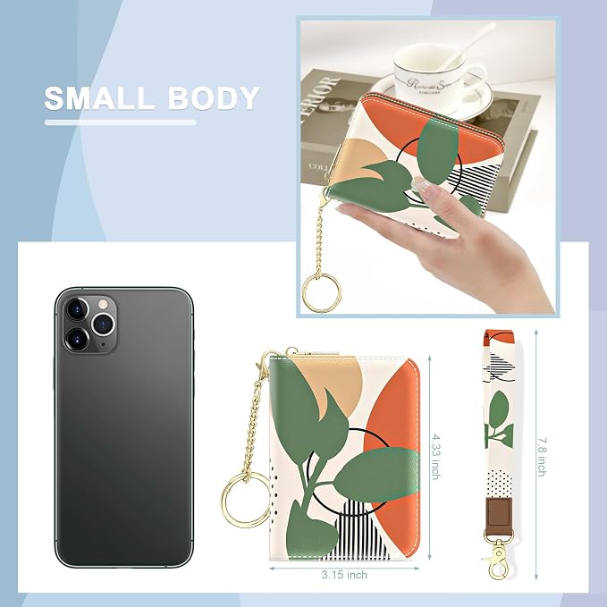 Aiawoxc Credit Card Holder, Small RFID Wallet Slim Leather Card Organizer Case with Zipper and Wristlet Strap, Tropical Plants