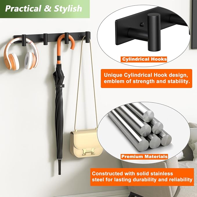 Wall Mounted Coat Rack-4 Hooks, Heavy Duty Stainless Steel Wall Hooks for Towel Coat Bag, Hat Rack Coat Hanger Coat Hooks Towel Racks for Bathroom Entryway Kitchen Hotel Office (Black, 1 Pack)