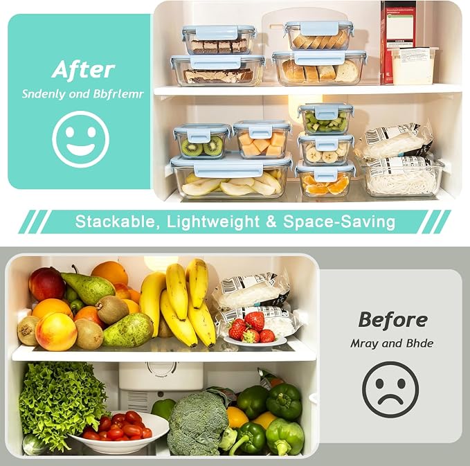 8 Pack Glass Meal Prep Containers with Lids, Glass Food Storage Containers with Snap Locking Lids, Airtight Lunch Containers for Microwave, Oven, Freezer and Dishwasher BPA Free (LightBlue)