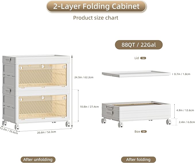 88 QT / 22 Gal Multi-Purpose Foldable Storage Cabinet - Transparent Dual Doors with 3-Stage Locking System, Heavy Duty Wheels, Simple Pull-to-Open Mechanism for Home/Office/Garage Organization