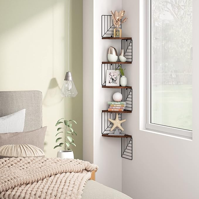 Love-KANKEI Corner Wall Shelf 5 Tier,Solid Wood with Bracket,51"Tall,Walnut | Easy to Install,Leaf-Shaped Floating Wall Shelves,Capacity 44 Lbs,For Bedroom Living Room Bathroom Kitchen Office,Display