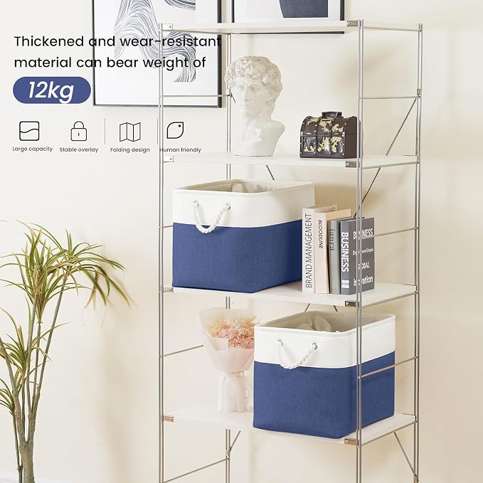 Large Storage Baskets- 16x12x12 inch Storage Bins for Shelves and Closet Organizing, Foldable Fabric Bin for Home Organization Clothes and Laundry (3-Pack, White&Blue)