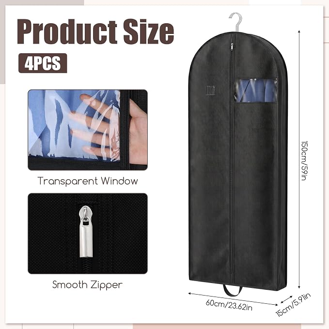 4 PCS 60" Suit Bags for Closet Storage and Travel, Dress Bags for Gowns, Garment Bag for Travel, Gusseted Hanging Garment Bag for Men Suit Cover With Handles, Zipper, Clear Window for Shirt Jacket