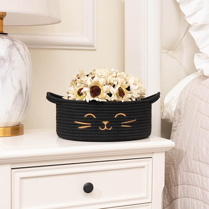 Small Storage Basket, Black Cute Pet Toy Storage for Cats, Dogs, Decorative Rope Bin for Organizing, Empty Gift Basket for Baby, Black, 9.8 x 4 inches