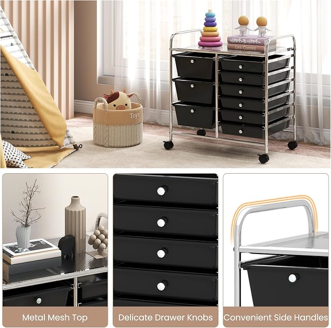 RELAX4LIFE 9 Drawer Rolling Storage Cart - Mobile Drawer Carts for Craft Art Supply Paper Salon, Utility Cart on Wheels for Classroom Teacher School Office, Rolling Cart with Drawers (Black)