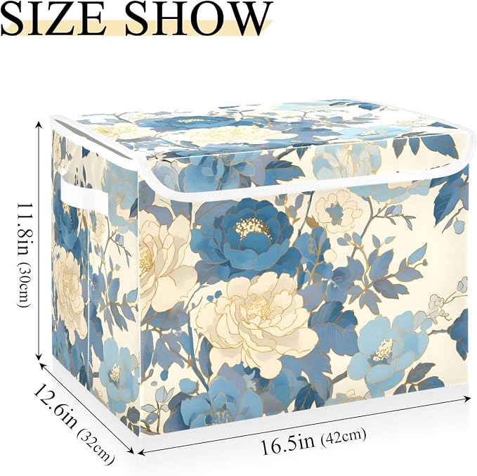 Blue White Peony Lidded Storage Bins with Handles - 16.5"x12.6"x11.8" Foldable Organizing Box, Oxford Fabric & Honeycomb Board, Dust-Proof Flip Lid for Closet/Office