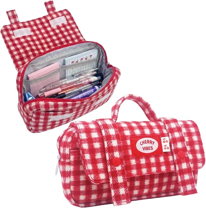 Cute Checkered Pencil Case, Red White Plaid, Large Capacity Gingham Pattern Pen Bag with Handle, Big Stationery Organizer, Multi-Use Storage Pouch, 8.7x1.6x4.7 Inches, Red