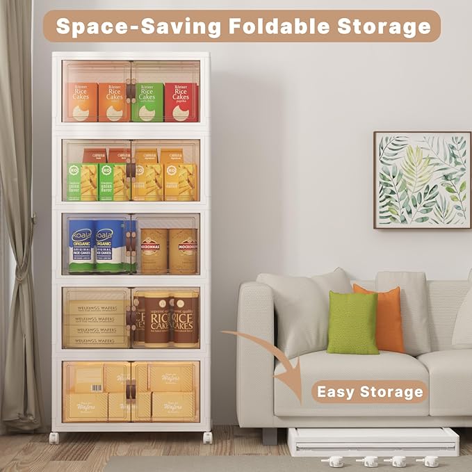 UAMFURI Stackable Storage Bins with Lids, 600QT Closet Organizers, Lockable Storage Cabinet，Foldable Storage Box with Doors and Wheels, Plastic Drawers for Home, Garage, Office (5, White, Large)