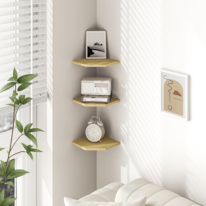 Corner Shelf Wall Mount, Floating Corner Shelves, Set of 6 Corner Wall Shelf Organizer, Rustic Wood Wall Storage Display Shelves for Living Room Bedroom Bathroom Kitchen, Rustic Brown, Oak