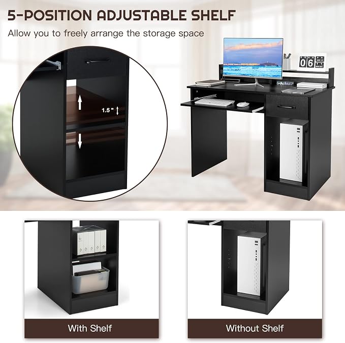 COSTWAY Computer Desk with Hutch, Home Office Desk with Drawer, Adjustable Shelf & Keyboard Tray, Study Writing Desk, Executive Workstation for Living Room, Bedroom & Study (Black)