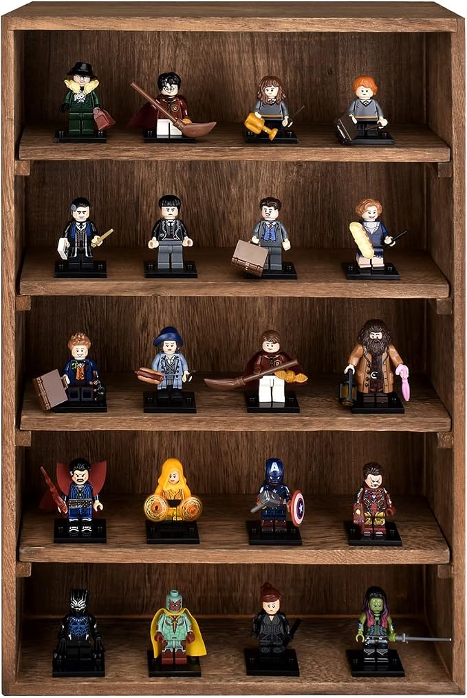 Ikee Design Wooden Wall-Mounted Display Shelves Rack for Collectibles-Figures,Shot Glasses,Spice Can,Cosmetics or Perfume-5 Adjustable Height Shelves,Space-Saving- Brown Color