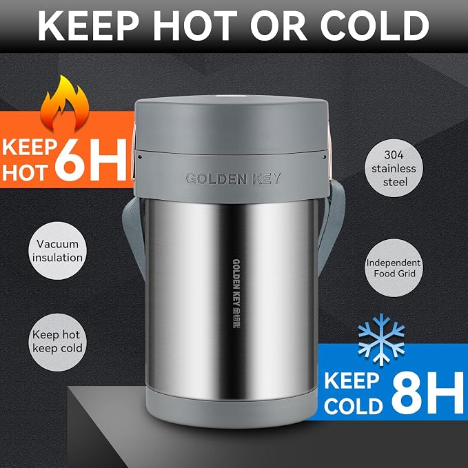 GOLDEN KEY 74 oz Stainless Steel Wide Mouth Large Food Thermo Hot Food Jar | 3 Tier Vacuum Insulated Stackable Hot Food Containers with Keep Thermal Portable,Hot & Cold Food Insulated Food Jars(Silver)