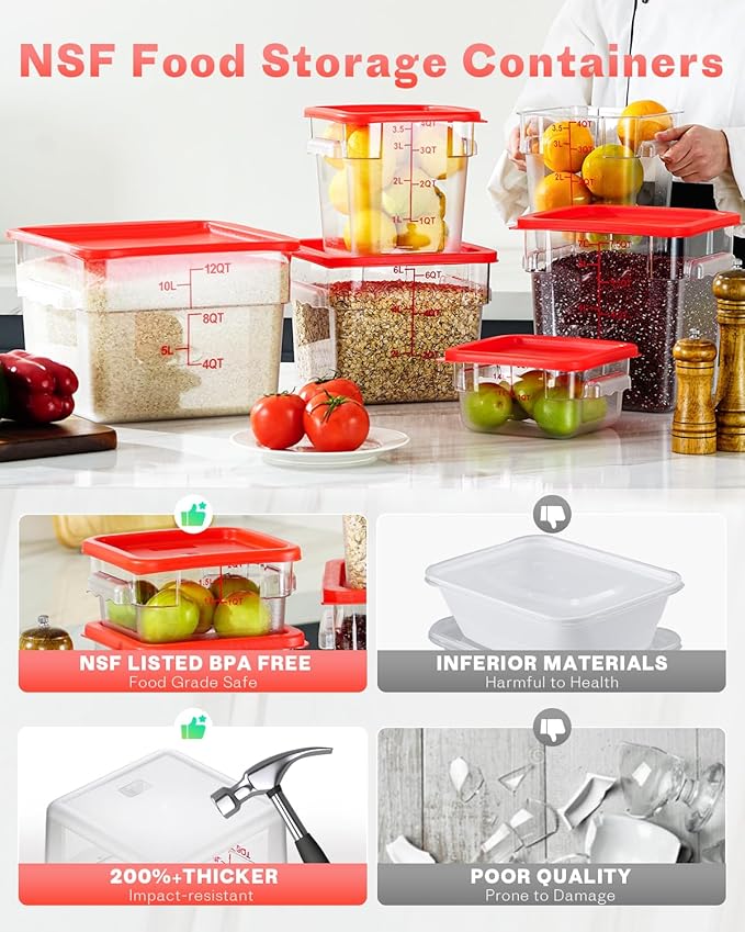 2QT NSF Food Storage Containers: 2 PCS [Food Grade][Hot&Cold Resistant] Commercial Clear Square Food Storage Containers with Scales Handles for Home Restaurant Kitchen Proof Dough(BPA FREE)