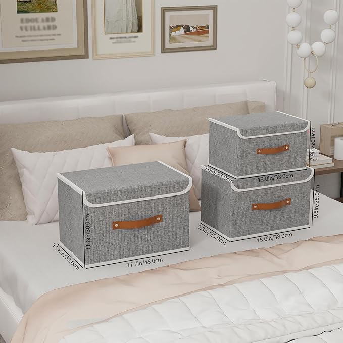 Yawinhe Collapsible Storage Boxes, Foldable Bin with Lids, Cube Clothes Organizer Basket with Handles, Grey, 13.0''Lx9.0''Wx7.9''H, 3-Pack, SNK024GS-3