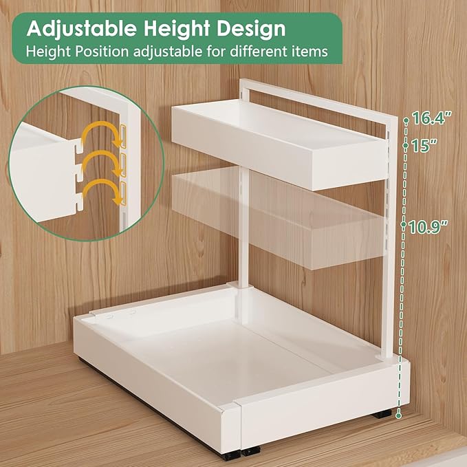 REALINN Expandable Under Sink Organizers and Storage, 2 Tier Under Cabinet Organizer, Heights Adjustable Pull Out Rack for Kitchen Bathroom Laundry, White, 1 Pack