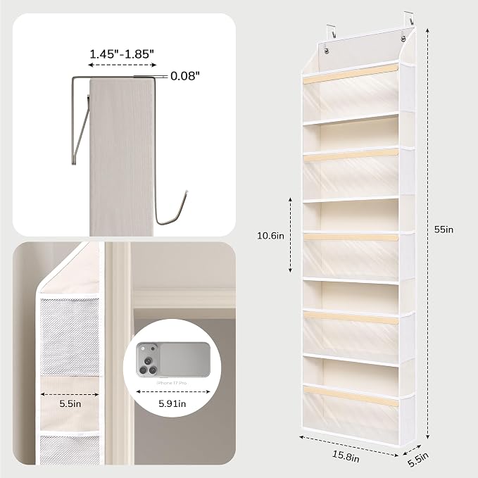 5 Tiers Natural Bamboo Over Door Organizer with 10 Mesh Side Pockets, 50 lbs Weight Capacity Hanging Storage Organizer with Clear Window Kids Toys, Shoes, Diapers, Warm Beige