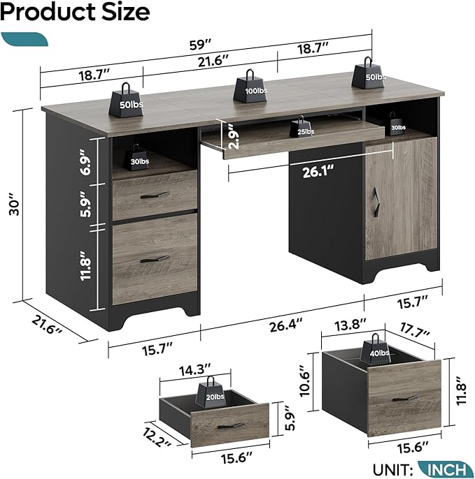59" Executive Desk with 2 Drawers, File Cabinet & Keyboard Tray, Gray | 59 Inch Executive Desk With 2 Drawers & File Cabinet. Industrial Wood Workspace Keeps Your Home Office Organized