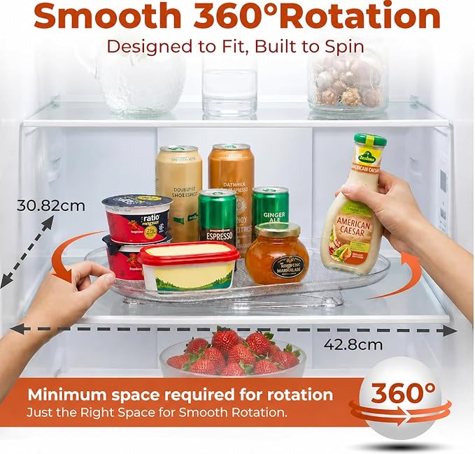 Oizeir Refrigerator Lazy Susan (2PK) - Clear Rectangular Fridge Organizer - Turntable Tray Lazy Susan for Refrigerator - Cabinet & Pantry Organizer - Smooth 360° Rotating Swivel Spinning Fridge Shelf