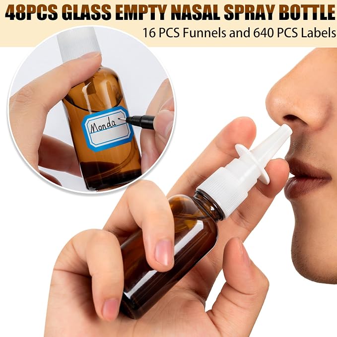 80 Pcs Nasal Spray Bottle Empty, Brown Glass Refillable Fine Mist Nasal Spray Bottles with 16 Funnels and 16 Labels (30ML/1oz)