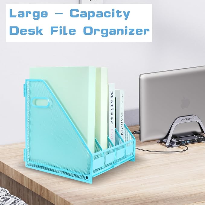 Desk Organizers Metal Magazine File Holder Racks Desktop Folder Storage Binder Organiser Document Organization for Home Office & Classroom,4 Vertical Compartments-Blue