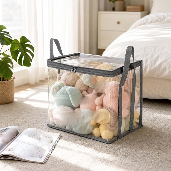Large Clear Thick Plastic Storage Box with Hinged Lid, Heavy-Duty Durable High Capacity Organizer, Foldable Storage Box,Perfect for Home, Camping, Travel, Attic & Moving (Gray-L-1)