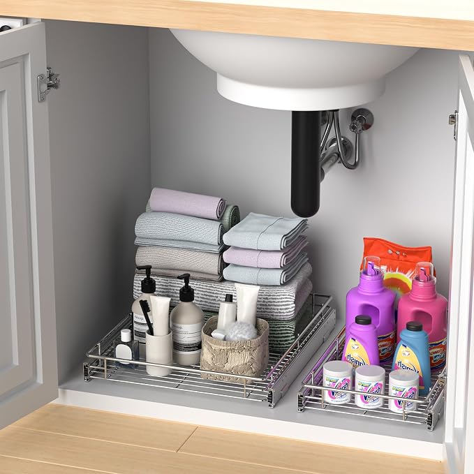 ZOINLIY Pull Out Cabinet Organizer, Versatile Slide Out Kitchen Organizers and Storage,Heavy Duty Drawer Cupboard Storage Basket, Smooth Sliding, Chrome Finish,11.8" W x 21" D