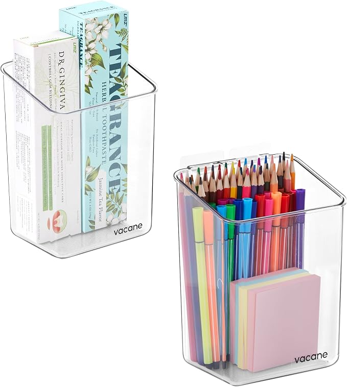 vacane 2-Pack Adhesive Cabinet Door Organizer, Transparent Plastic Storage Bins for Kitchen Bathroom Office, No Drill Hanging Basket, Space Saving Removable Holder-S