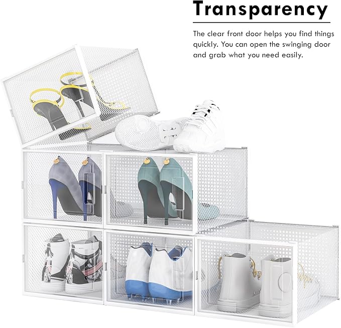 Planisity Clear Storage Bins for Shoes, 6 Pack Stackable Plastic Boxes With Lids for Closet Organization & Display