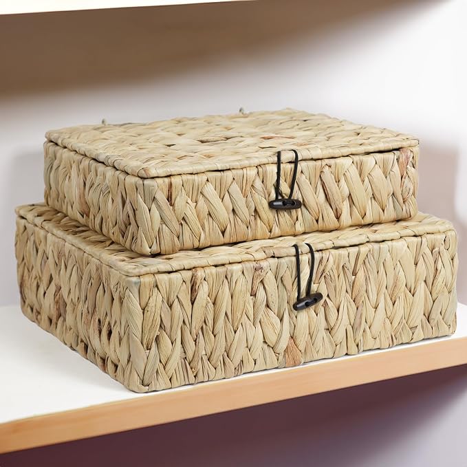 Water Hyacinth Basket with Lid, Rectangular Wicker Storage Basket Bins with Lid, Decorative Woven Basket Boxes for Storage Home Organizer