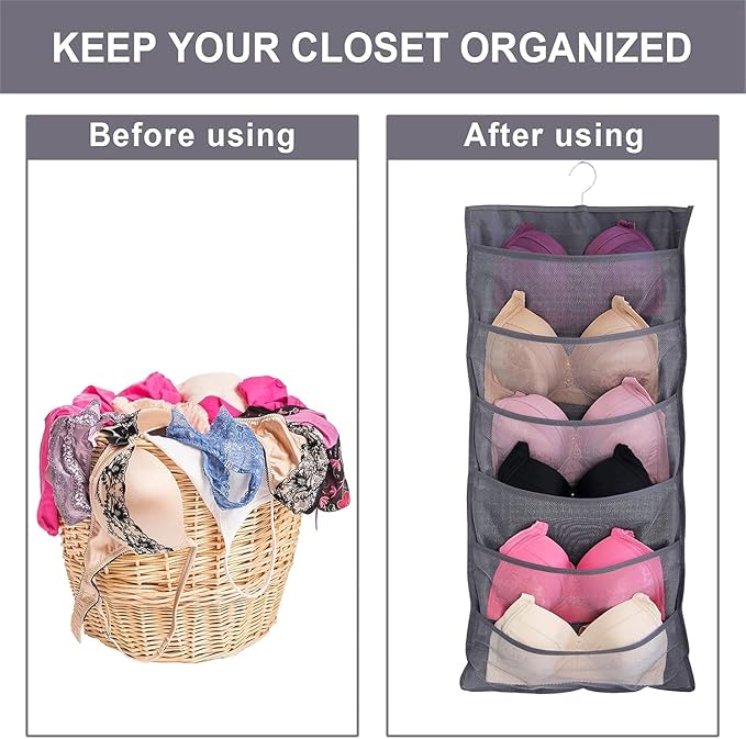 Hanging Mesh Pockets Dual-Sided Closet Organizer for Underwear,Bra,Socks,Accessories with Hanger,Total 24 Pockets Grey