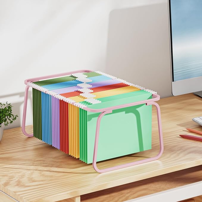 Marbrasse Hanging File Folder Frame, Adjustable Letter Size File Holder 16-25 Inches, Metal File Cabinet Rails for Office, Home, School, 2P(Pink)