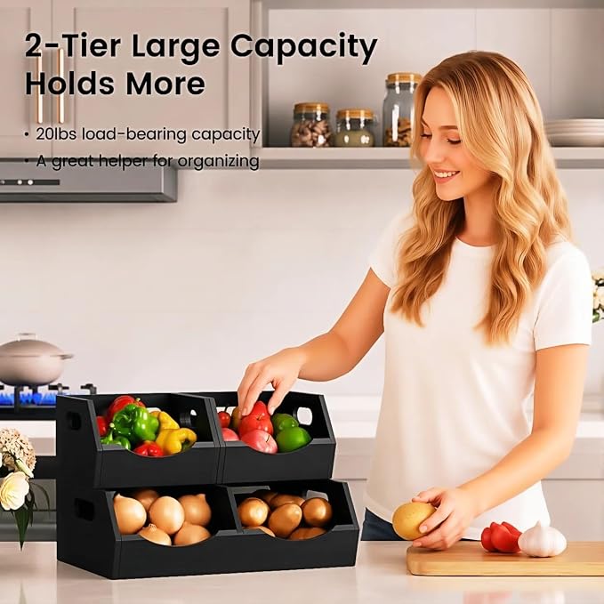 Potato and Onion Storage Bin, 2 Tier Bamboo Kitchen Storage Rack, Stackable Ventilated Pantry Organizer with Handles for Garlic Peppers Vegetables, Countertop Produce Bins, Black(Assembly Required)
