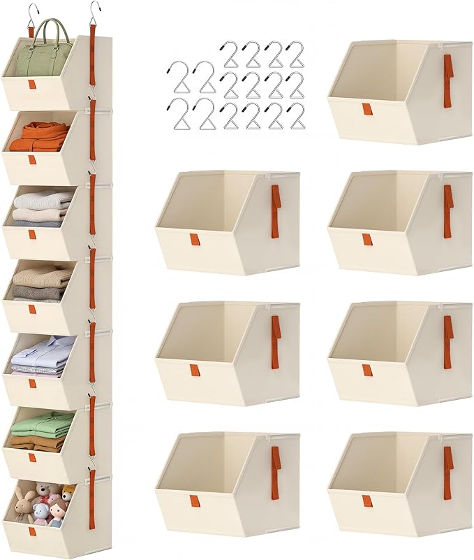 7 Tier Hanging Closet Organizer, Collapsible Fabric Hanging Shelves for Closet with Detachable Bins Space-Saving Hanging Clothes Organizer for Wardrobe, Laundry Room, Dorm, Rv, Beige
